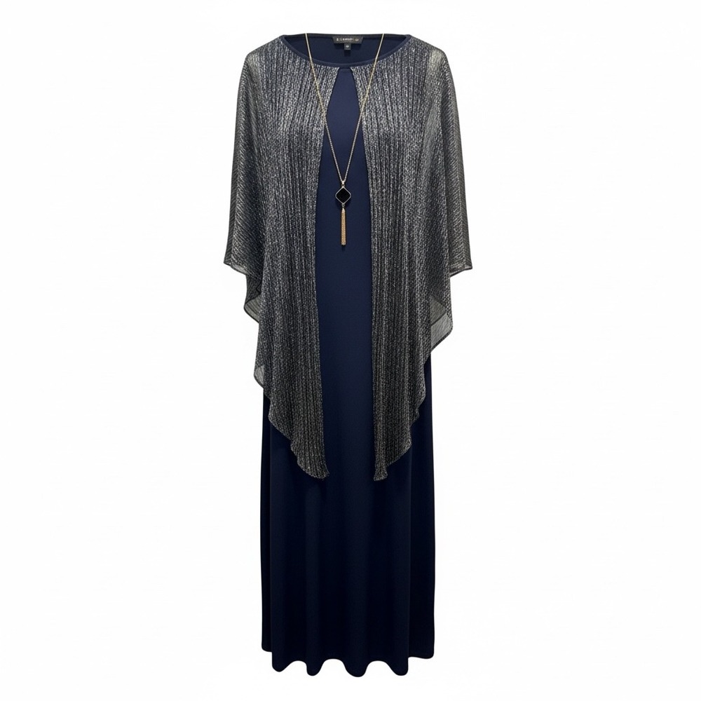 Glamour Shimmer Capelet Evening Gown Navy Silver 10 Metallic Layered Dress